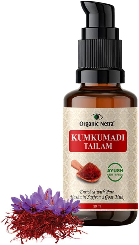 Organic Netra Ayurvedic Kumkumadi Tailam, Face Oil for Glowing Skin Enriched with Pure Kashmiri Saffron & Goat Milk Reduces Pigmentation and Fades Dark Spot Enriched with Vitamin E, 30ml