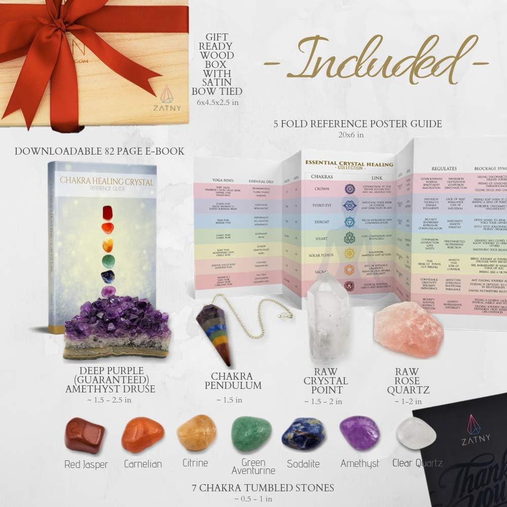 Premium Crystals and Healing Stones Premium Kit in Wooden Box - 7 Chakra Stones Healing Set, Rose Quartz, Amethyst Cluster, Quartz Points, Chakra Pendulum, EBook, Poster, Made-in-USA, Gift Ready