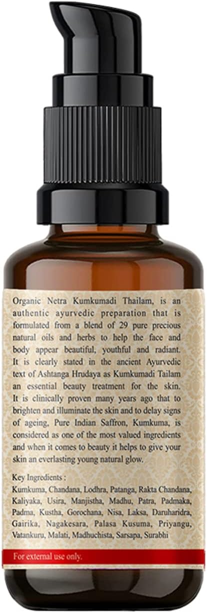 Organic Netra Ayurvedic Kumkumadi Tailam, Face Oil for Glowing Skin Enriched with Pure Kashmiri Saffron & Goat Milk Reduces Pigmentation and Fades Dark Spot Enriched with Vitamin E, 30ml