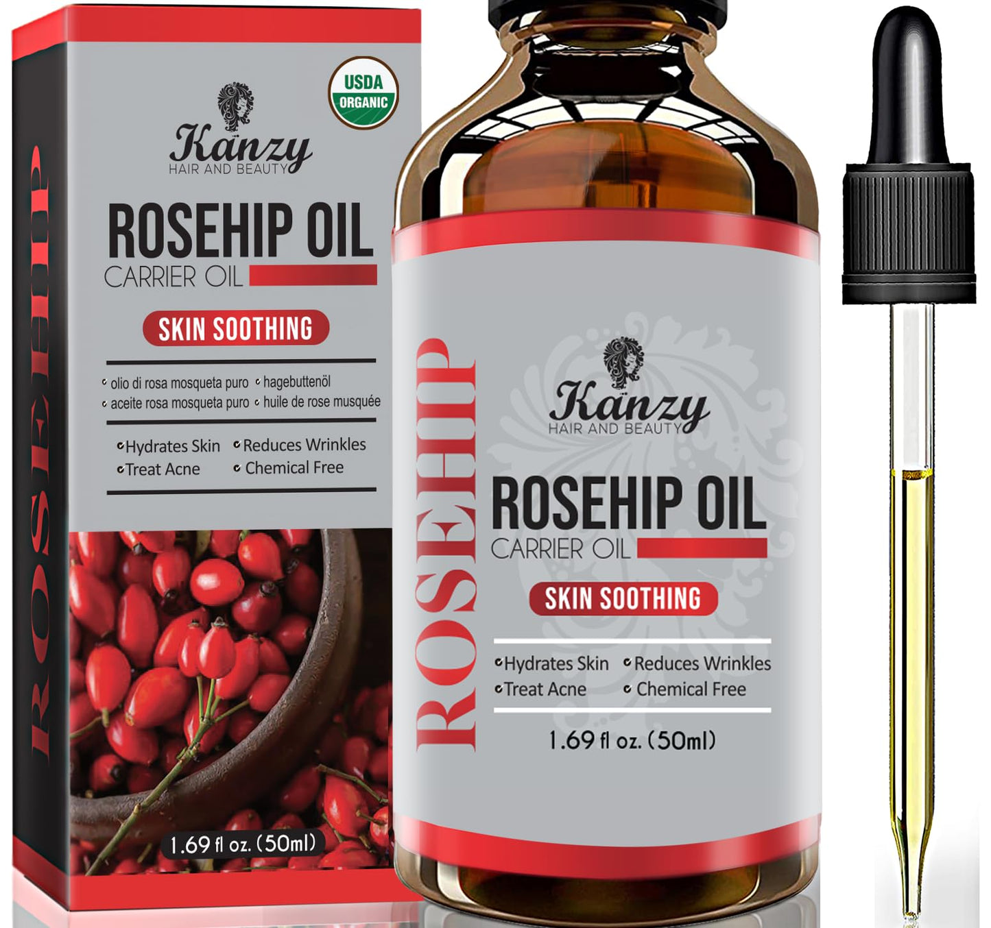 Kanzy Rosehip Oil Pure 100% Organic Cold Pressed 120ML, Rosehip Oil Vegan Treatment for Skin, Face, Hair, Nails with Rich Vitamins (120ml)