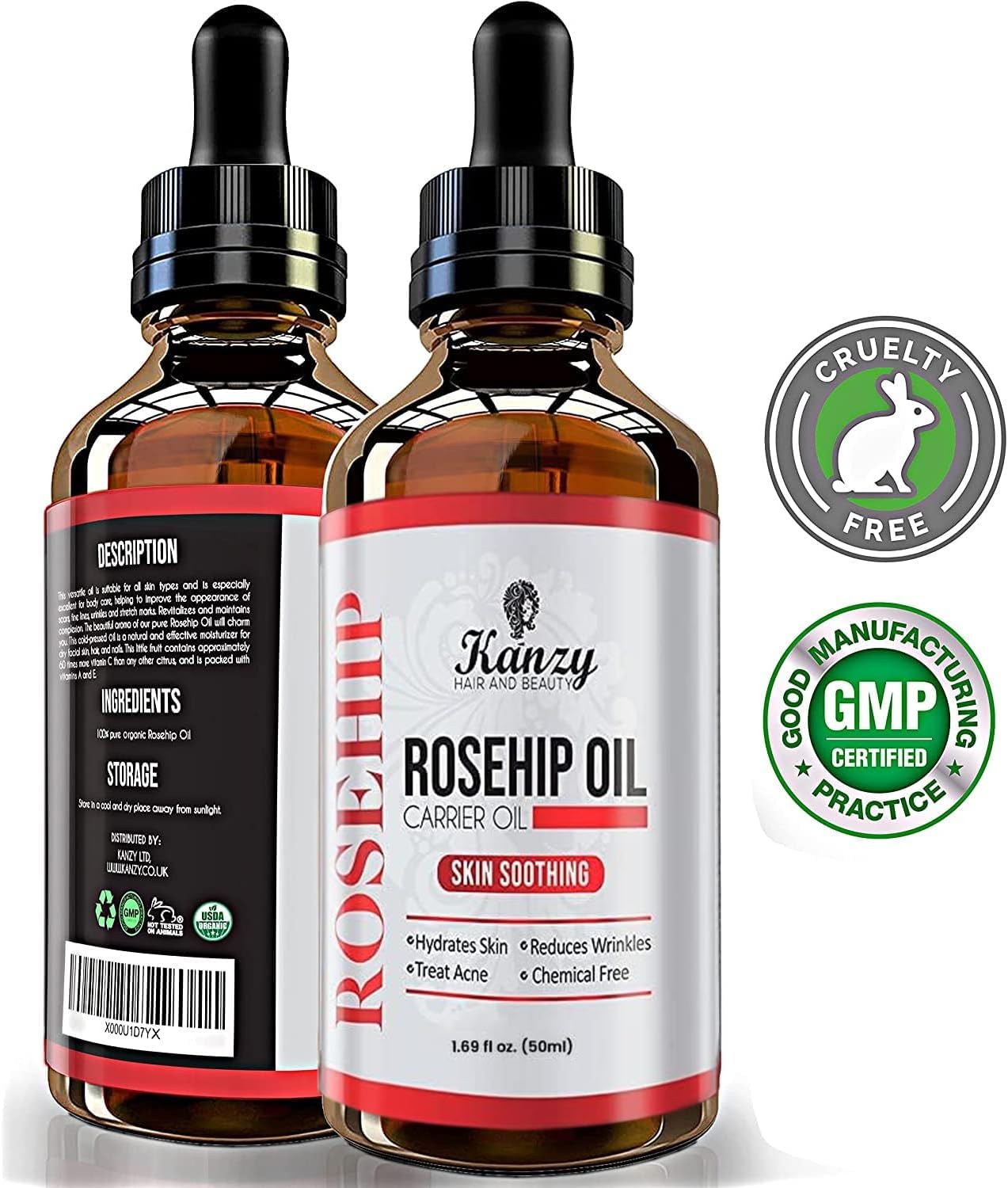 Kanzy Rosehip Oil Pure 100% Organic Cold Pressed 120ML, Rosehip Oil Vegan Treatment for Skin, Face, Hair, Nails with Rich Vitamins (120ml)