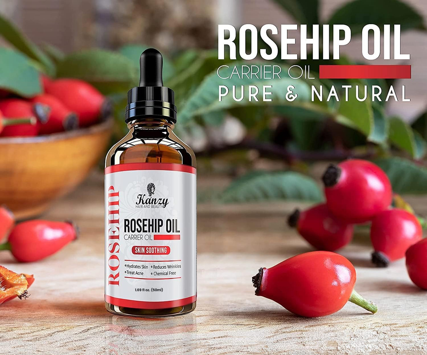 Kanzy Rosehip Oil Pure 100% Organic Cold Pressed 120ML, Rosehip Oil Vegan Treatment for Skin, Face, Hair, Nails with Rich Vitamins (120ml)