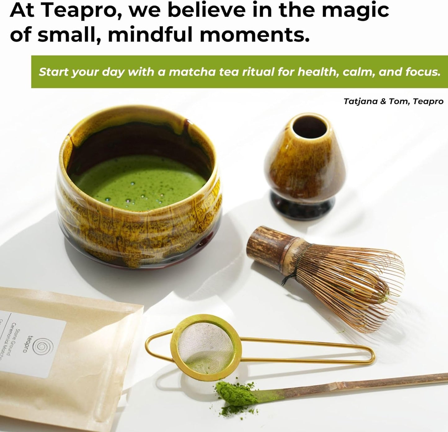 teapro Blue Japanese Matcha Set: Bamboo Matcha Whisk & Scoop, Ceramic Matcha Bowl & Whisk Holder, 30g Ceremonial Matcha Powder, Matcha Strainer | Matcha Tea Kit Gift Box