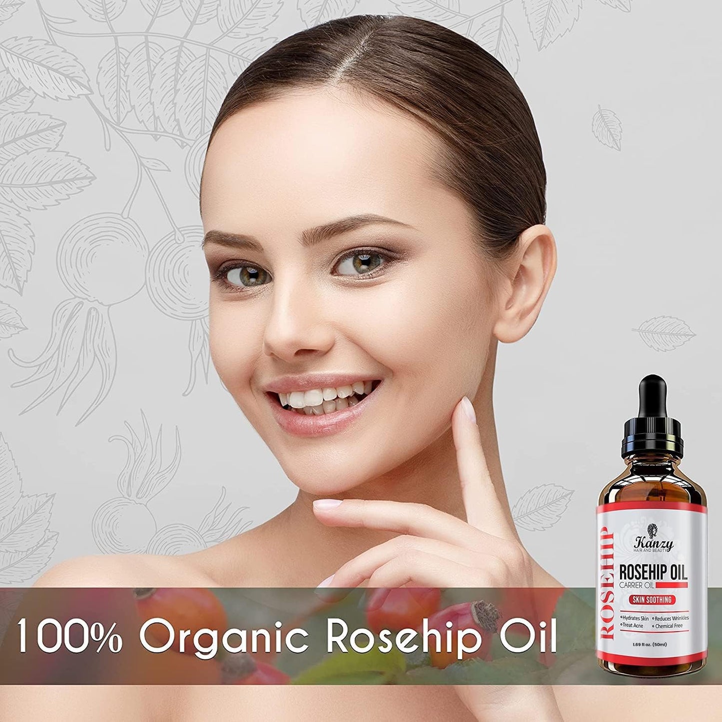 Kanzy Rosehip Oil Pure 100% Organic Cold Pressed 120ML, Rosehip Oil Vegan Treatment for Skin, Face, Hair, Nails with Rich Vitamins (120ml)