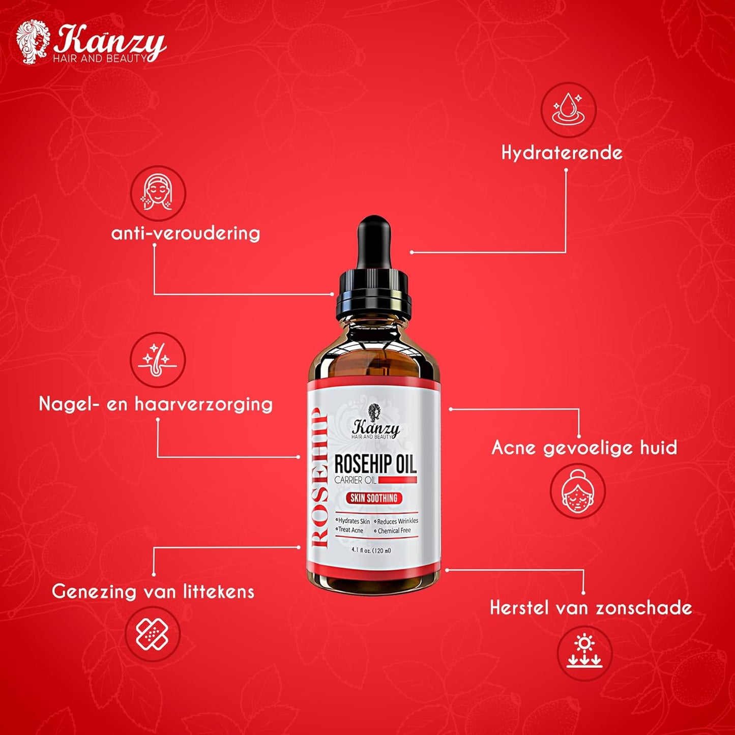 Kanzy Rosehip Oil Pure 100% Organic Cold Pressed 120ML, Rosehip Oil Vegan Treatment for Skin, Face, Hair, Nails with Rich Vitamins (120ml)