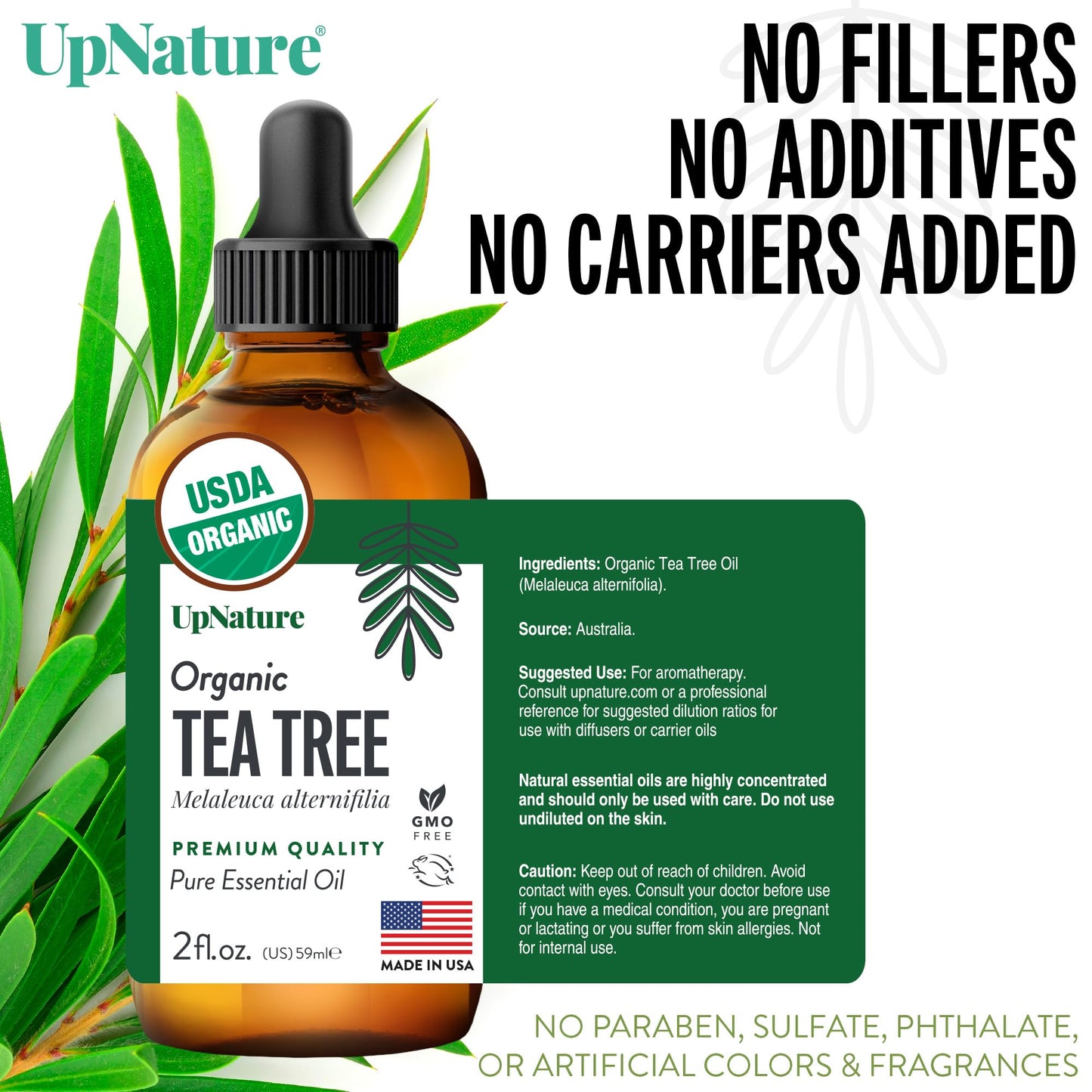 UpNature Organic Tea Tree Oil - 100% Pure Tea Tree Essential Oil for Skin, Toenail & Hair, 2oz