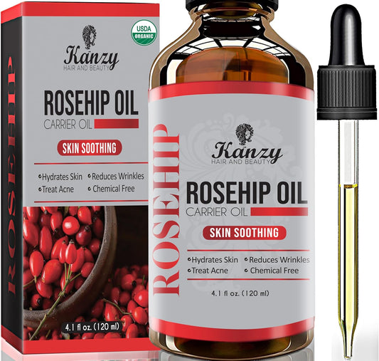 Kanzy Rosehip Oil Pure 100% Organic Cold Pressed 120ML, Rosehip Oil Vegan Treatment for Skin, Face, Hair, Nails with Rich Vitamins (120ml)