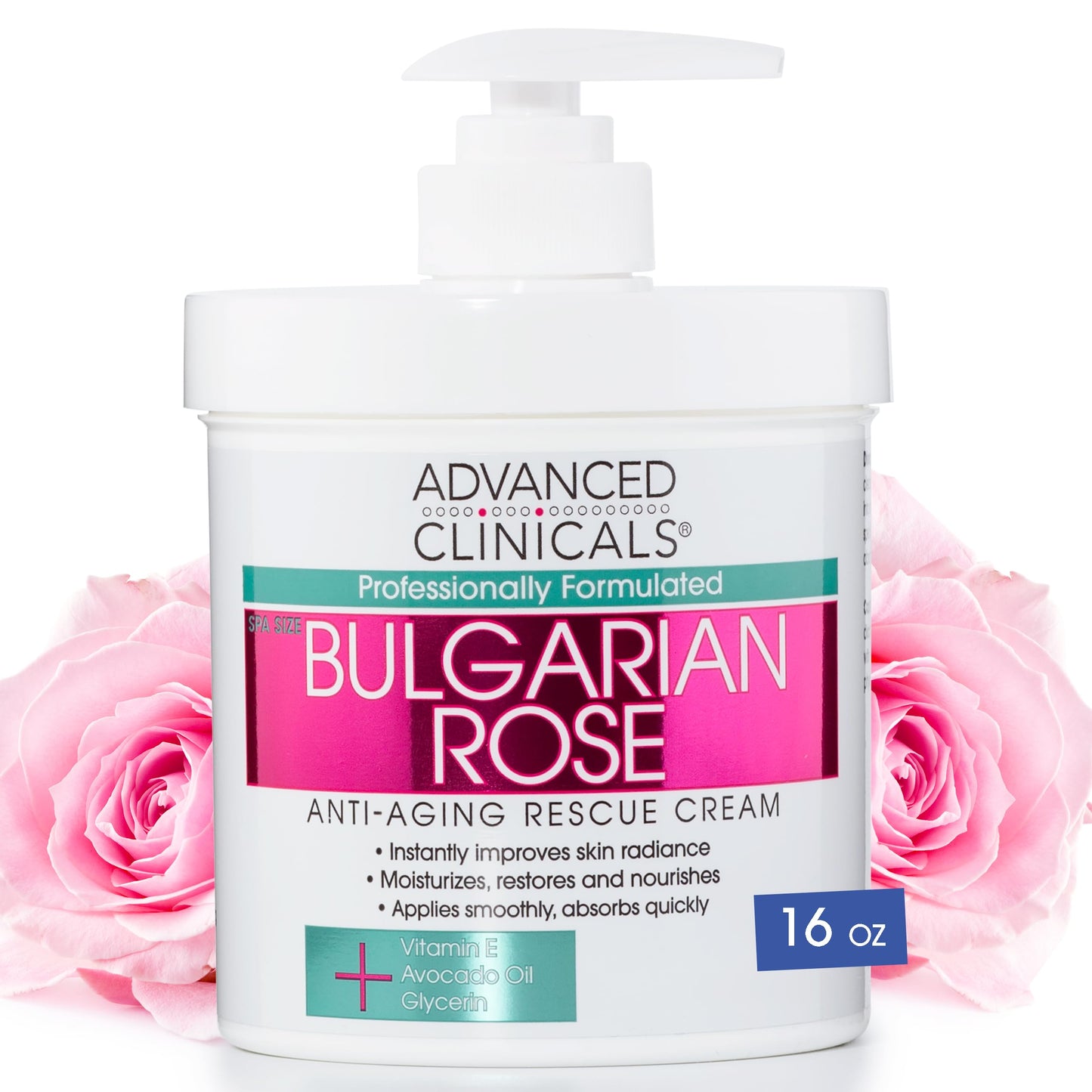 Advanced Clinicals Bulgarian Rose Anti Aging Vitamin E Moisturizer Body Lotion & Face Cream | Body Butter Cream | Skin Brightening + Tightening Lotion | Body Skin Care Products For Women, Large 16 Oz