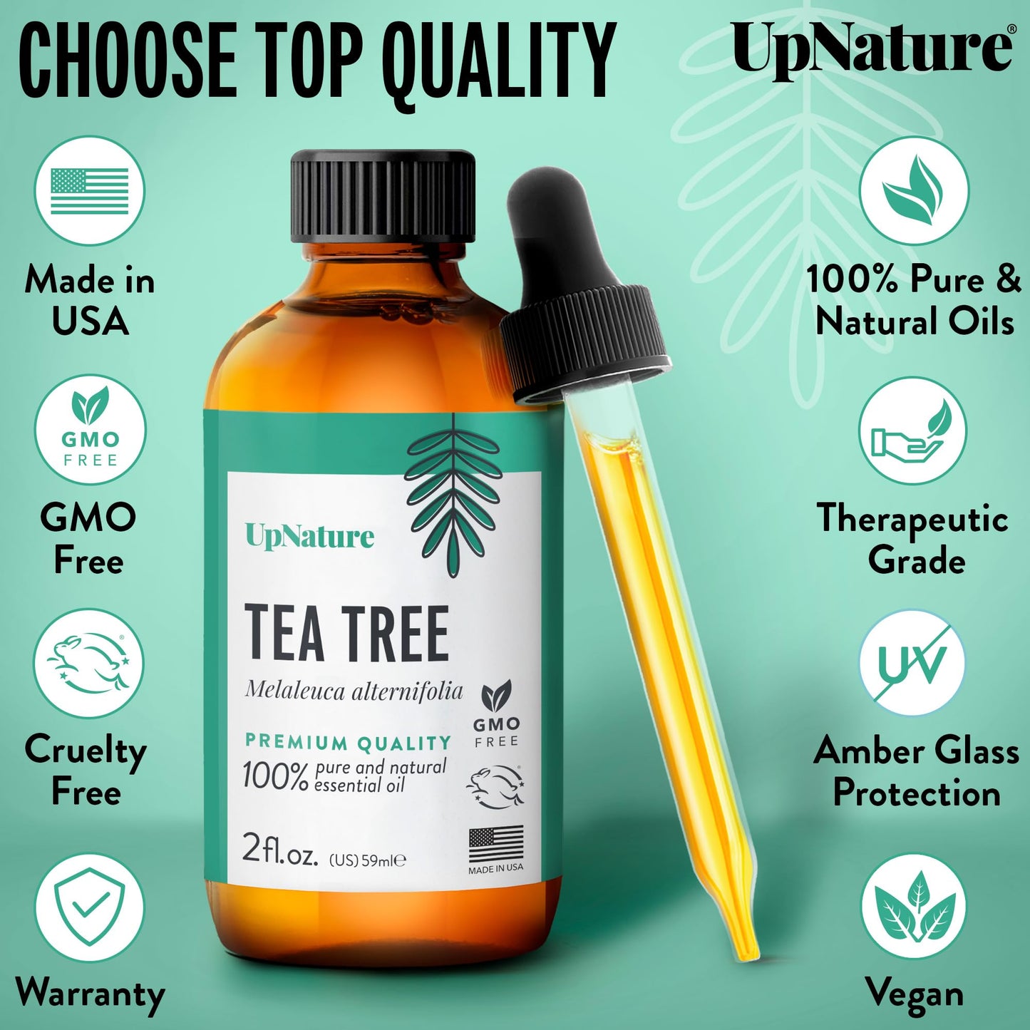 UpNature Organic Tea Tree Oil - 100% Pure Tea Tree Essential Oil for Skin, Toenail & Hair, 2oz