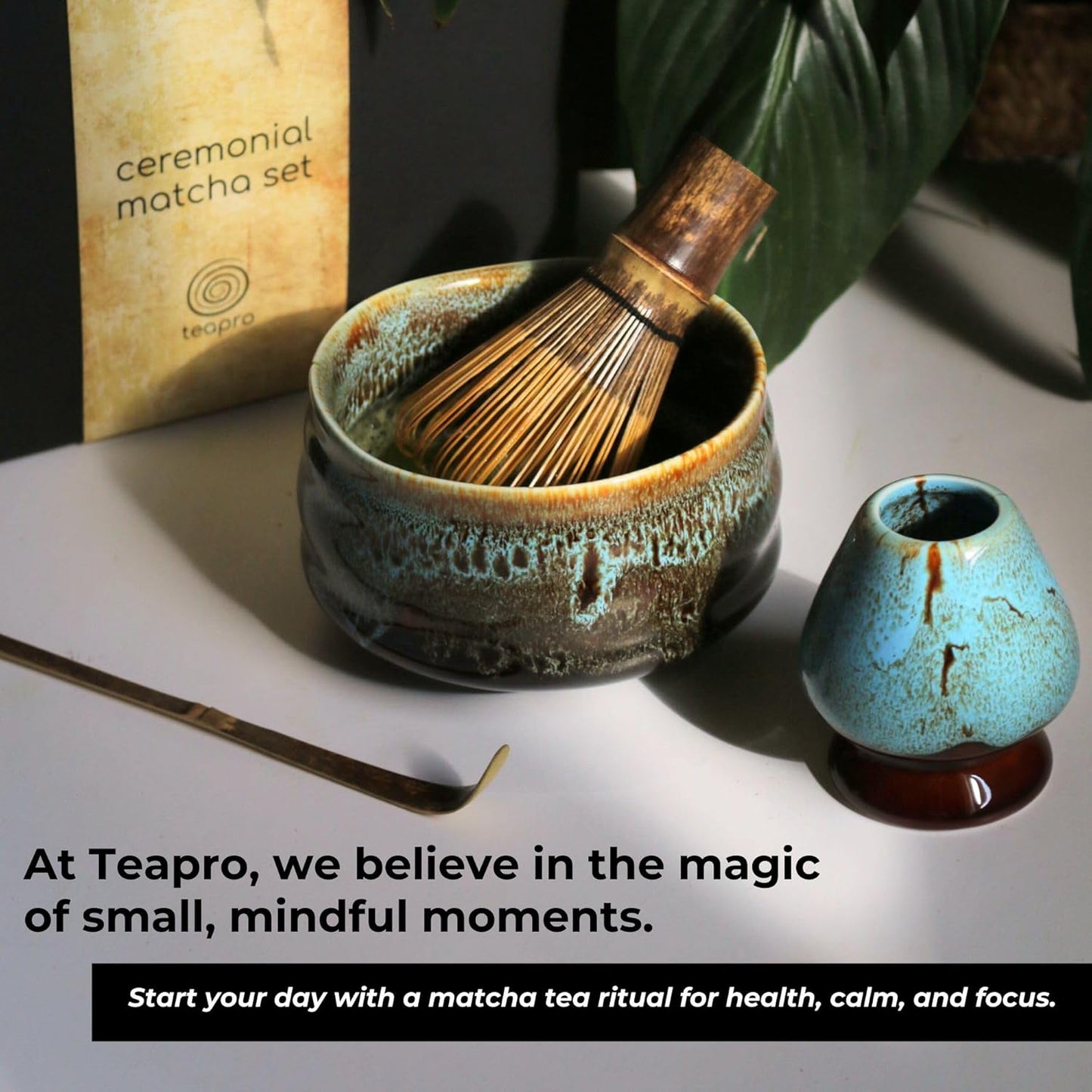 teapro Blue Japanese Matcha Set: Bamboo Matcha Whisk & Scoop, Ceramic Matcha Bowl & Whisk Holder, 30g Ceremonial Matcha Powder, Matcha Strainer | Matcha Tea Kit Gift Box