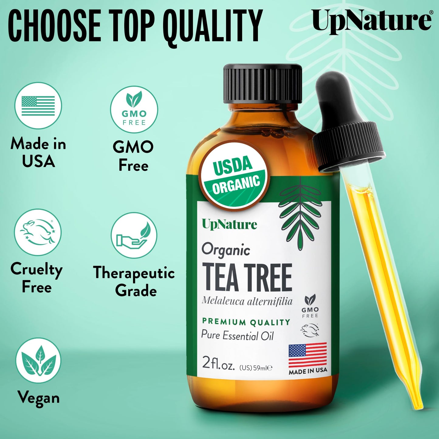 UpNature Organic Tea Tree Oil - 100% Pure Tea Tree Essential Oil for Skin, Toenail & Hair, 2oz