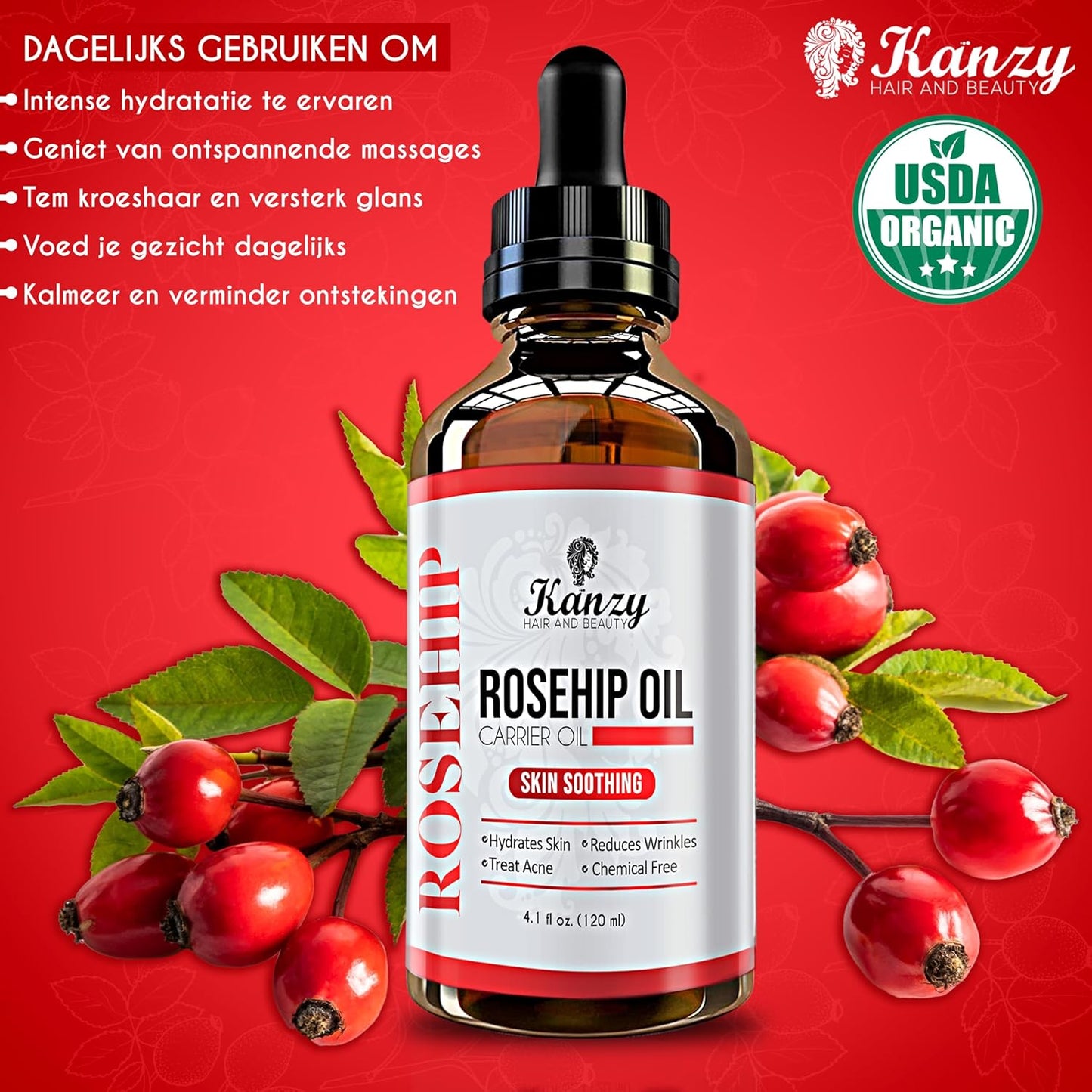 Kanzy Rosehip Oil Pure 100% Organic Cold Pressed 120ML, Rosehip Oil Vegan Treatment for Skin, Face, Hair, Nails with Rich Vitamins (120ml)