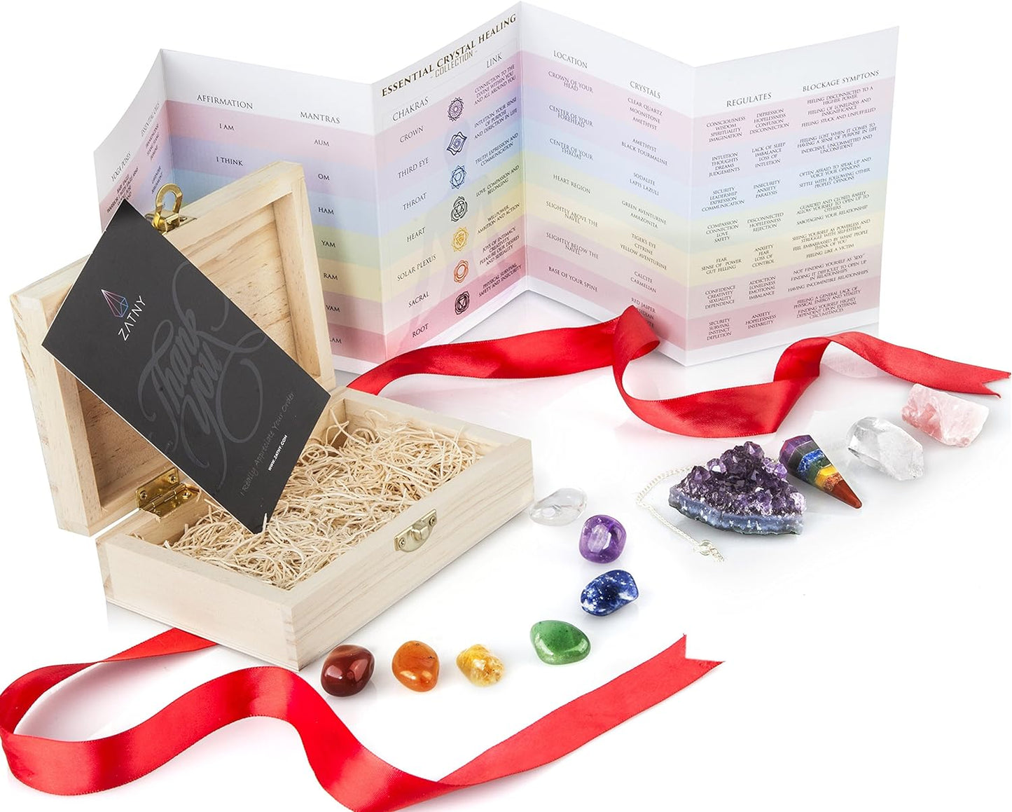 Premium Crystals and Healing Stones Premium Kit in Wooden Box - 7 Chakra Stones Healing Set, Rose Quartz, Amethyst Cluster, Quartz Points, Chakra Pendulum, EBook, Poster, Made-in-USA, Gift Ready